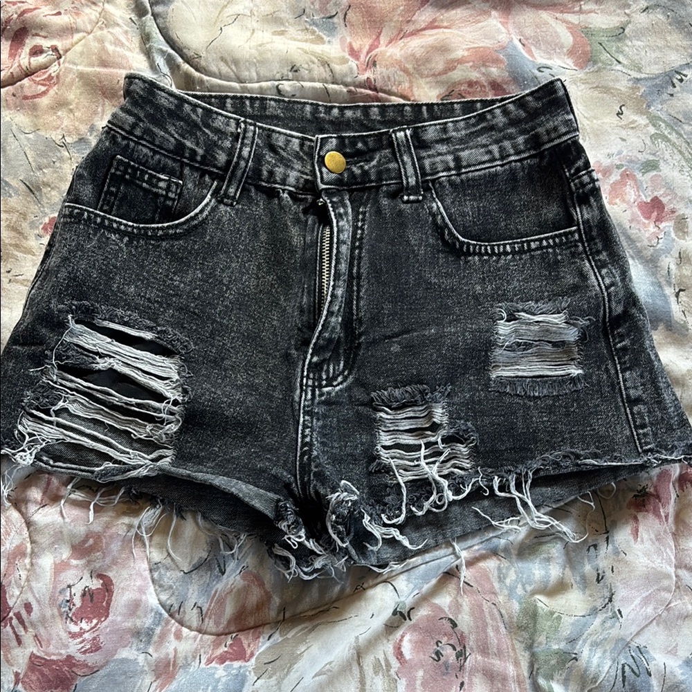 SHEIN Black Distressed Jean Shorts High-Waisted